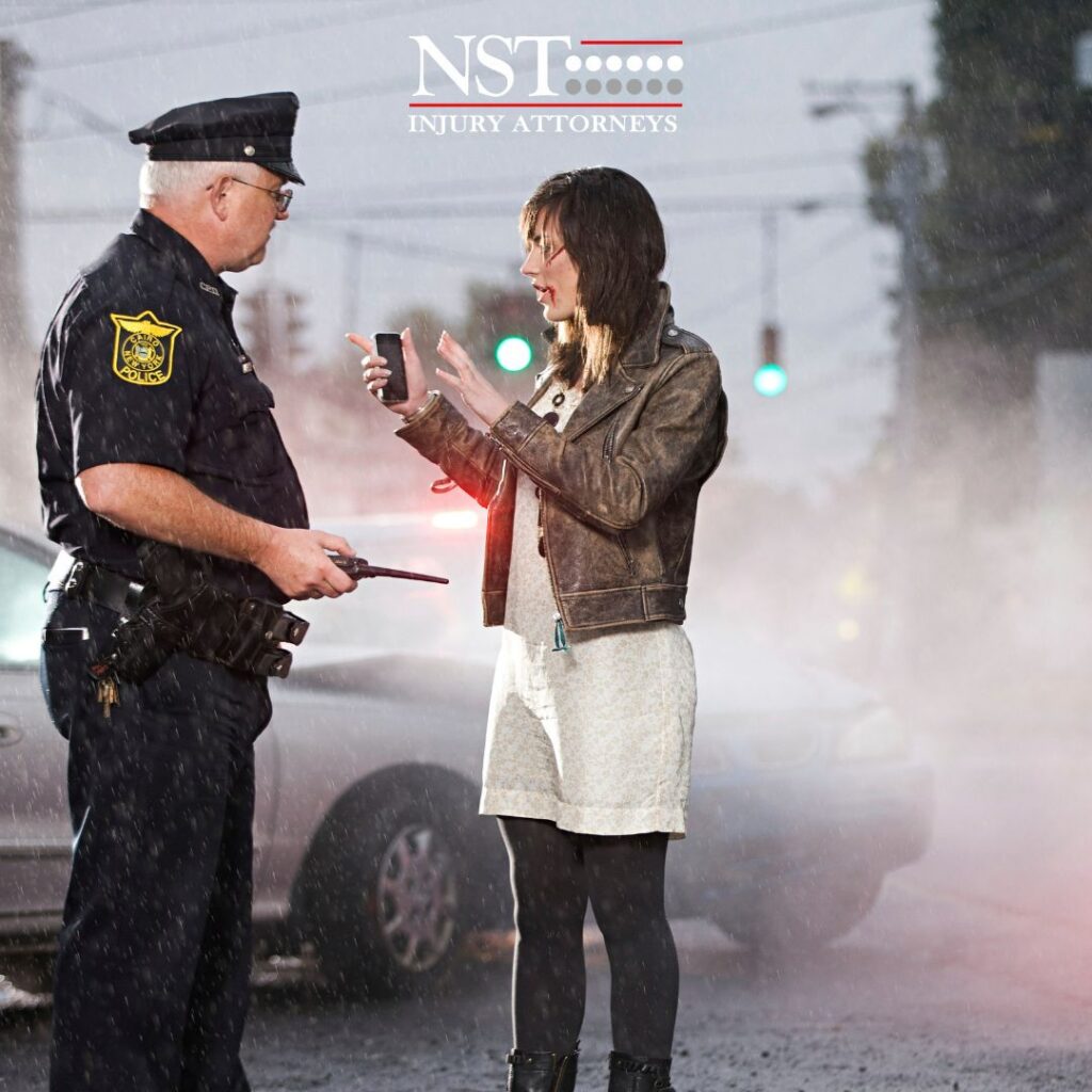 Woman speaking to a police officer at an accident