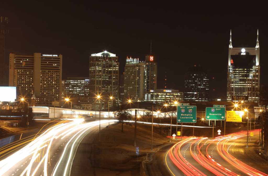 Photo of a busy highway at night in Nashville