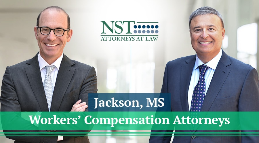 Photo of NST Law attorneys with text reading "Jackson, MS Workers' Compensation Attorneys"
