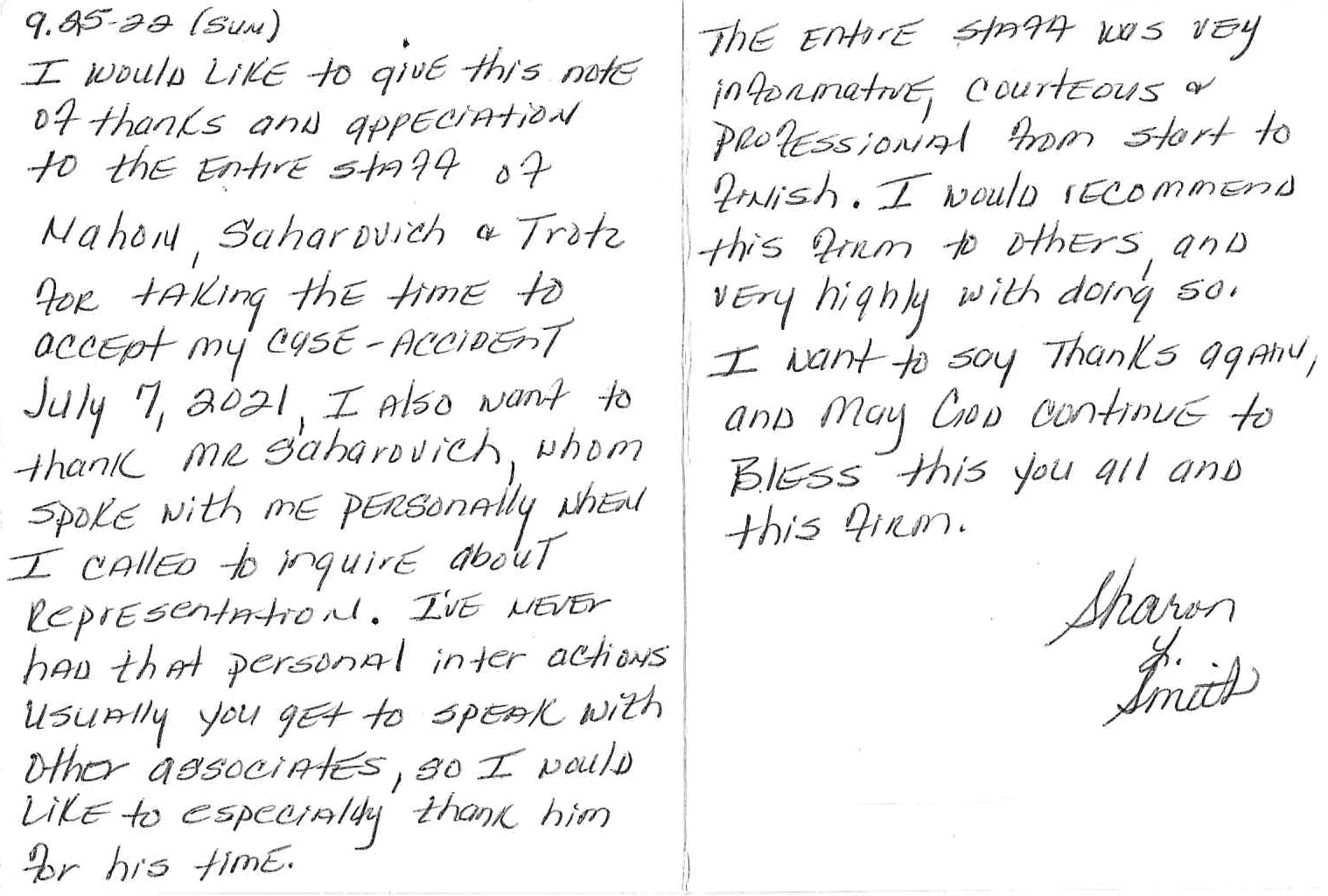 Client testimonial handwritten note
